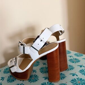 Michael Kors White and Brown Block Heel Sandals